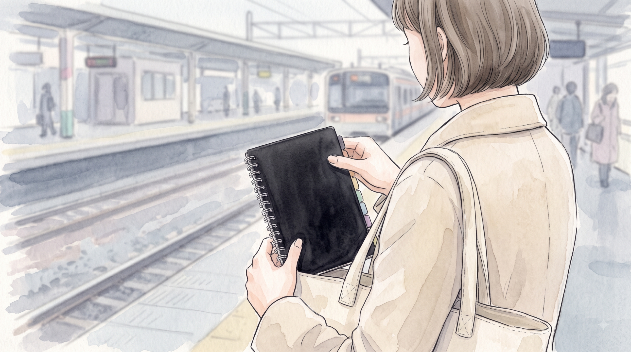 駅のホームでトートバッグから黒いA5手帳を取り出す女性の手元を、肩越しに見た様子