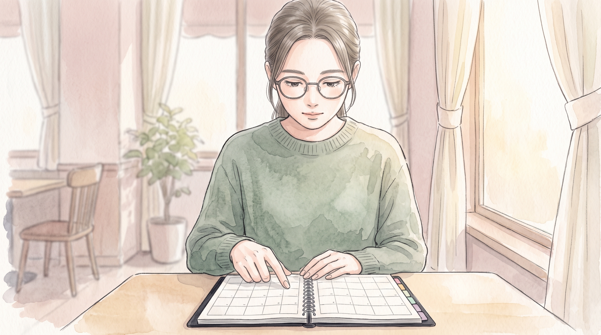 カフェの窓際で、開いた手帳の月間ページのマス目を指でたどる眼鏡の女性