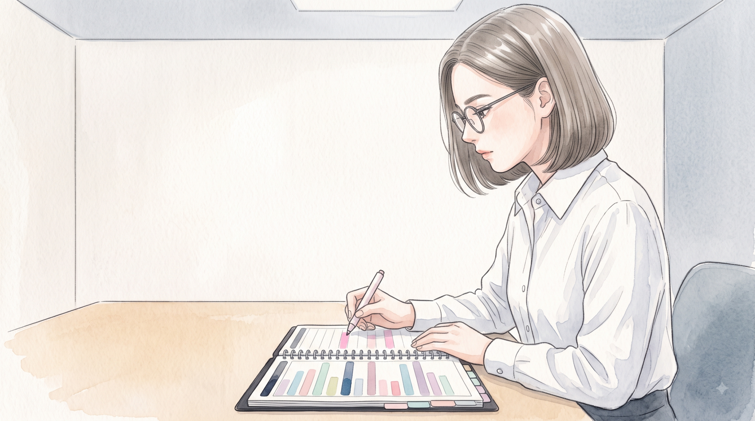 会議室の机で、横棒が並ぶ手帳のガントチャート欄にマーカーを引く女性の横顔