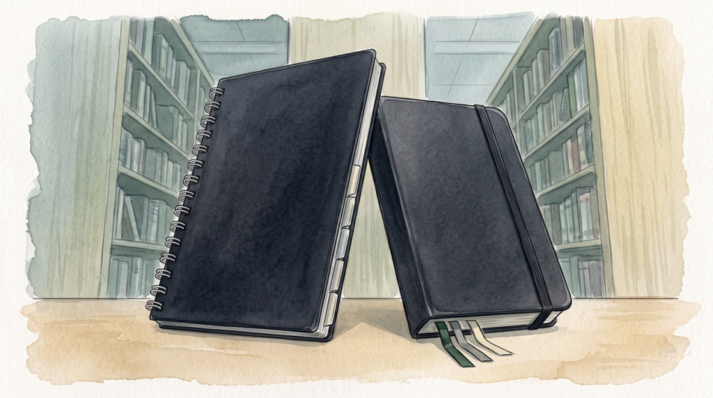 図書室の閲覧机に並ぶ、薄いA5の黒い手帳と、ゴムバンドの付いた小さなA6ノート