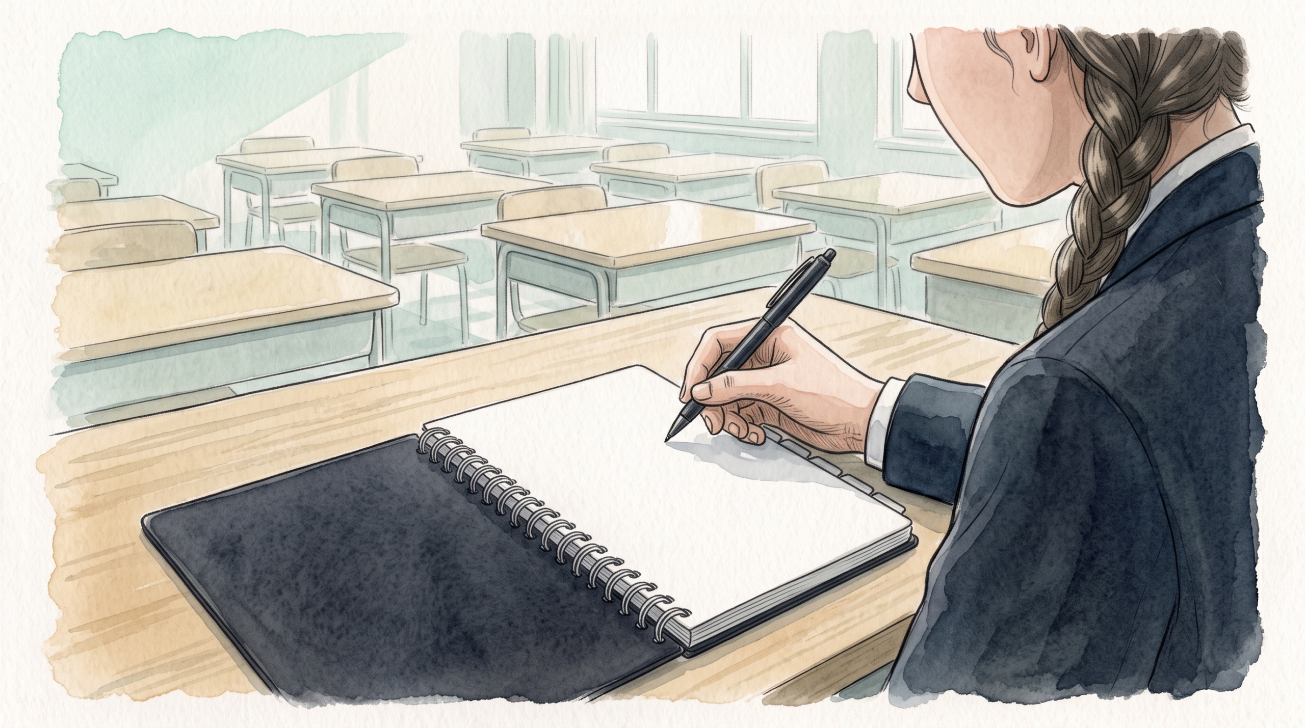 教室の机で、開いた手帳の最初のページに書き込みを始める制服姿の女子生徒