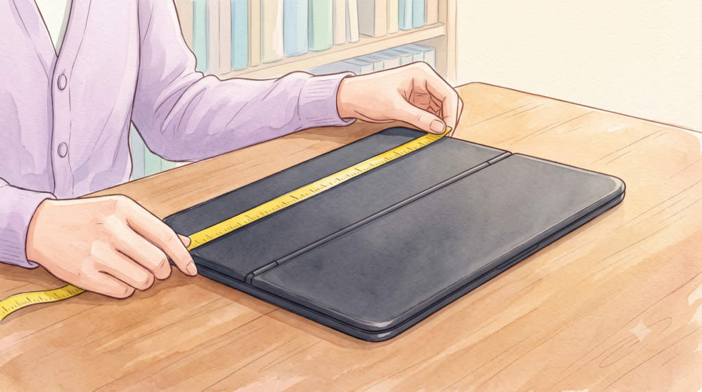 alt:木の勉強机の上で、黄色いメジャーを折りたたみ式デバイスの端に当てて幅を測る手元