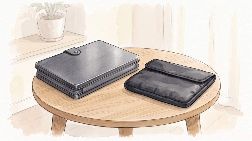 alt:小さなサイドテーブルに並んだダークグレーのハードケースと黒い柔らかなソフトケース