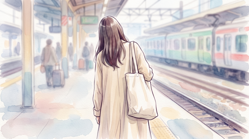 重そうなトートバッグを肩に掛け、駅のホームを歩いていく後ろ姿の女性