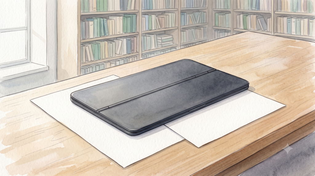 図書館の机で、重なり合う紙の上に斜めに置かれた折りたたみ式のデバイス