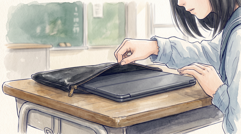 教室の机で、黒いポーチのファスナーを開け折りたたみ式デバイスを取り出す学生の手元
