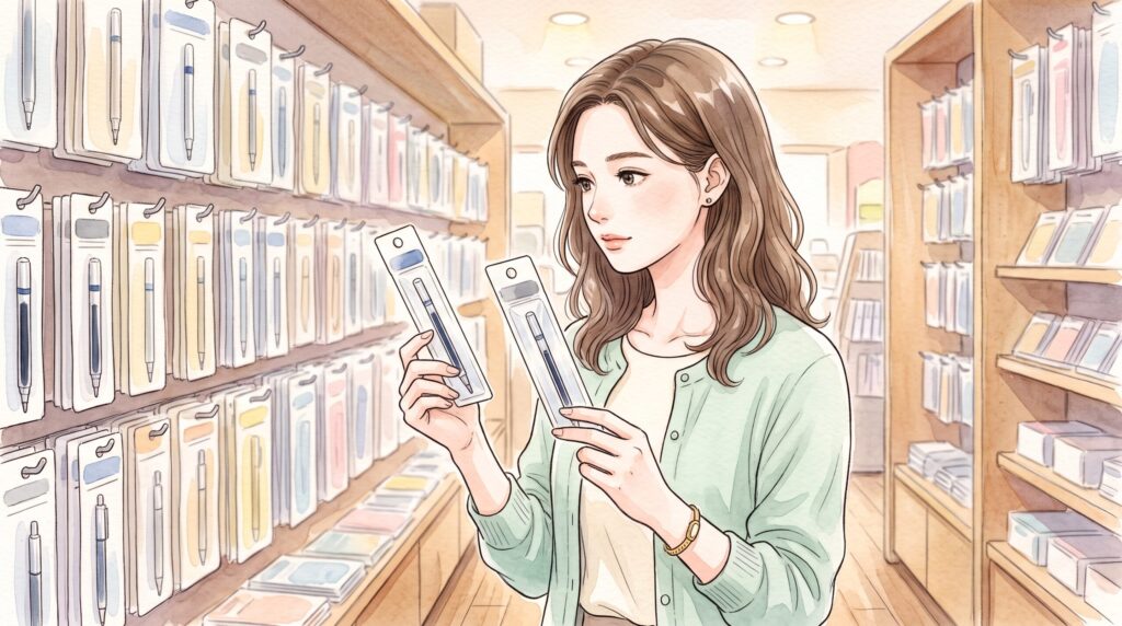 文具店の棚の前で2種類の替え芯パッケージを見比べる女性の手元