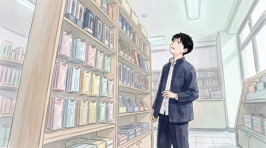 文具店の陳列棚を見上げながら首をかしげる学生服姿の男子学生