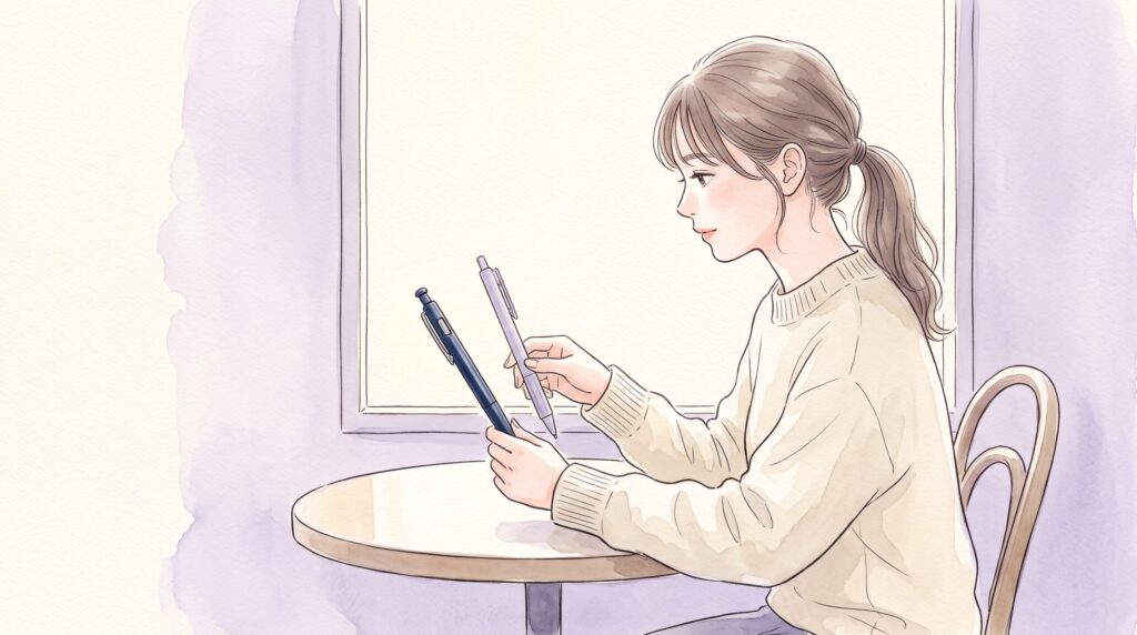カフェの窓際で紺色の金属ペンと淡い色の樹脂ペンを並べて見比べる女性