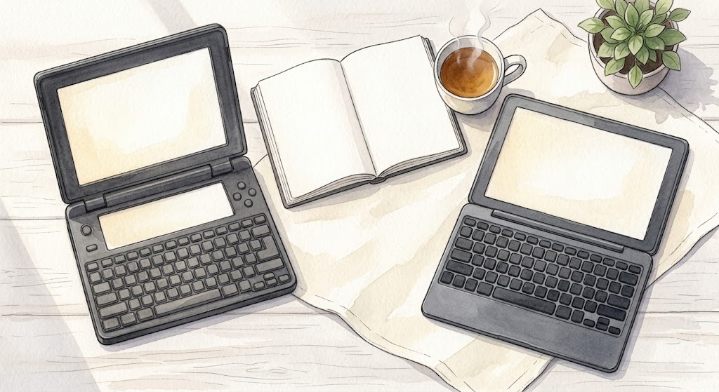 白木のテーブルに並べて置かれた黒いポメラDM200とダークグレーのDM250、開いたノートとお茶のマグカップ