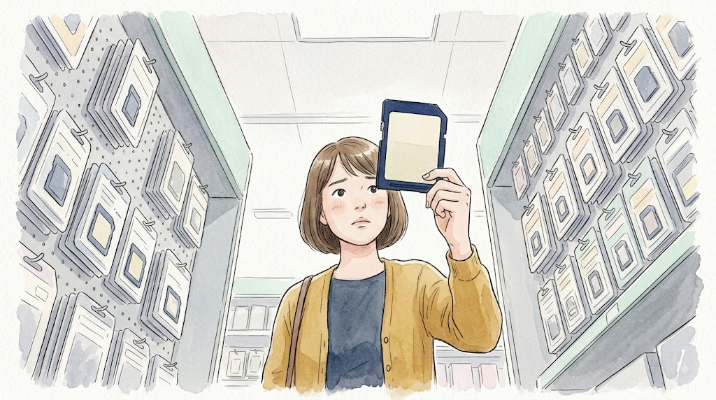 家電量販店の棚の前で、たくさん並ぶメモリーカードの中から紺色のSDカードを一枚選ぶ女性