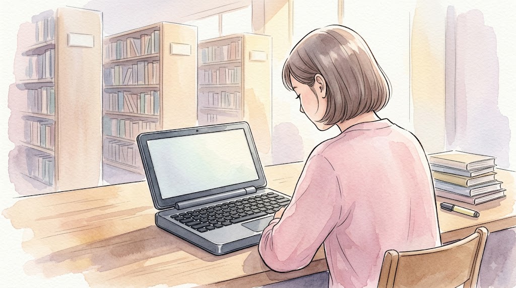 図書館の自習席で、開いたポメラDM250の画面を覗き込む若い女性の後ろ姿