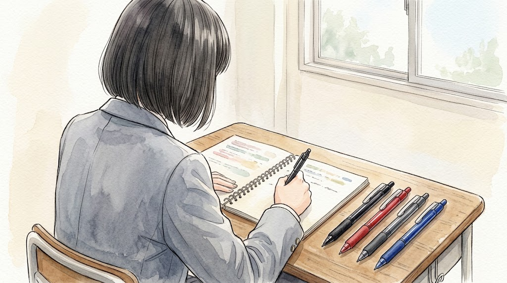 教室の机でノートを色分けしながら書き込む学生の手元を、肩越しに見た様子