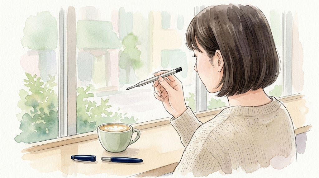 カフェの窓際の席で、抜き出した銀色の替え芯の長さを手元で確かめている女性