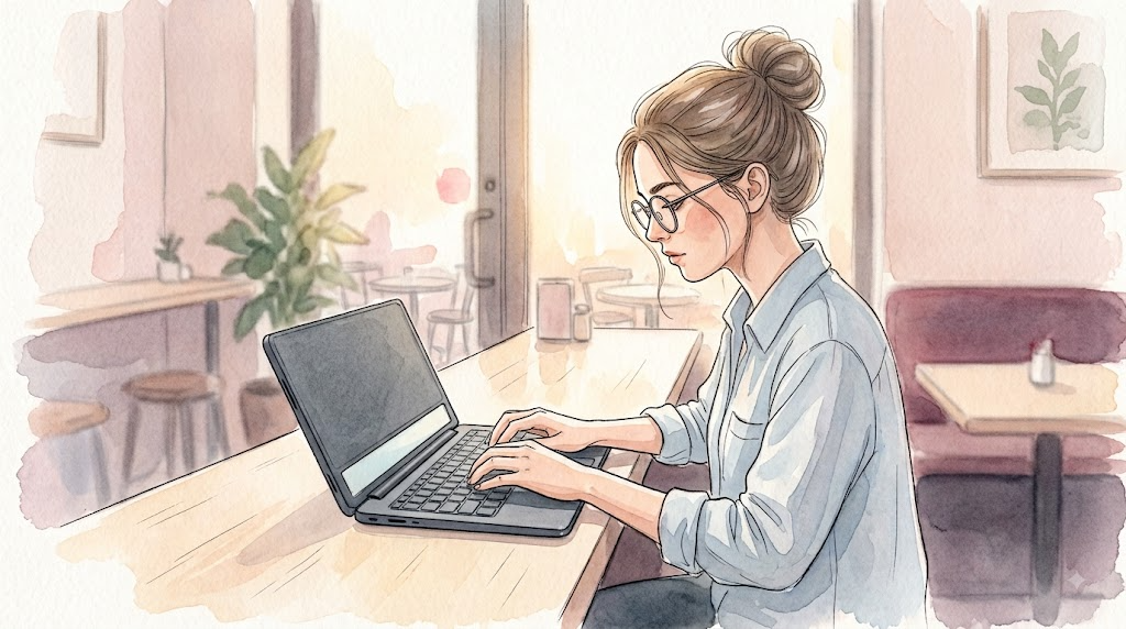 カフェのカウンター席で、濃いグレーの折りたたみ式デジタルメモに文章を打ち込む女性