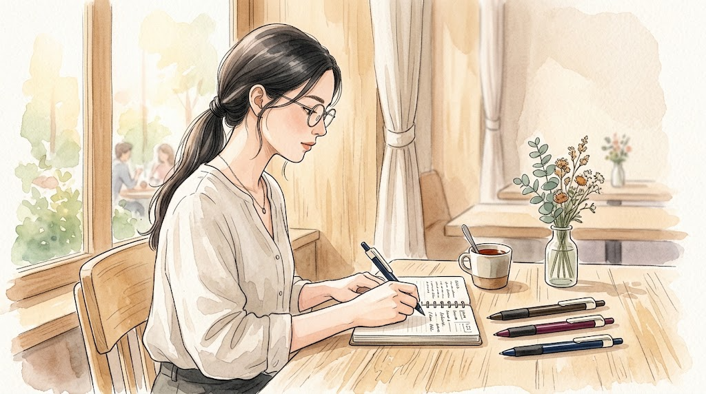 カフェのテーブルで手帳に書き込む女性の横顔と、アイボリーのクリップが付いた深い色のペン