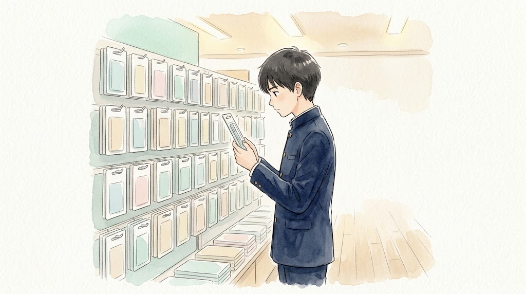 文具店の替え芯コーナーの棚の前で、細長い替え芯のパッケージを手に取る男子学生