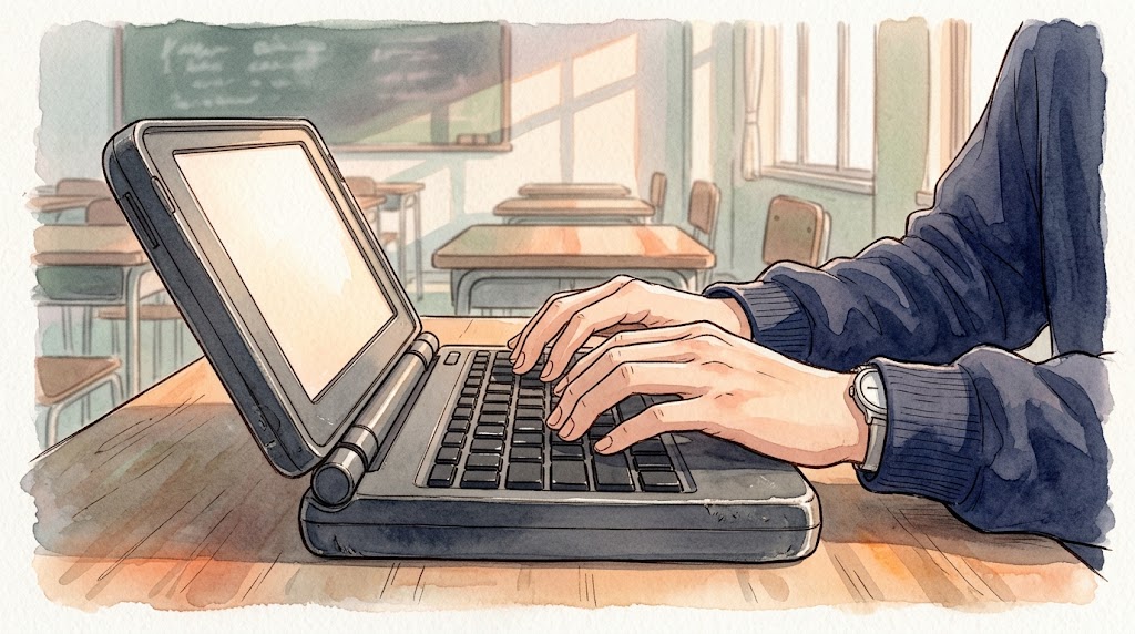 放課後の教室で、開いたダークグレーのポメラDM250のキーボードに指を置く男子学生の手元