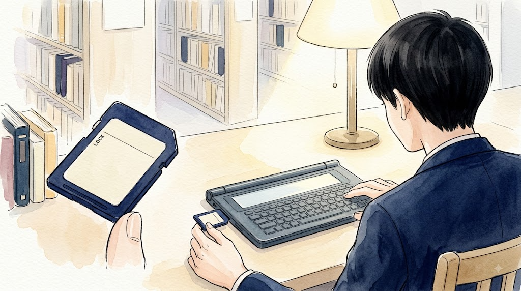図書室の机で、デジタルメモの左側面にあるスロットへ紺色のSDカードを差し込む男子学生