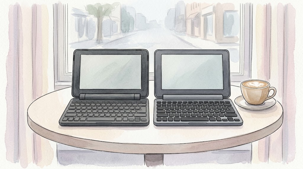 カフェの窓辺のテーブルに並んだ、黒いDM200とダークグレーのDM250の開いた状態の比較