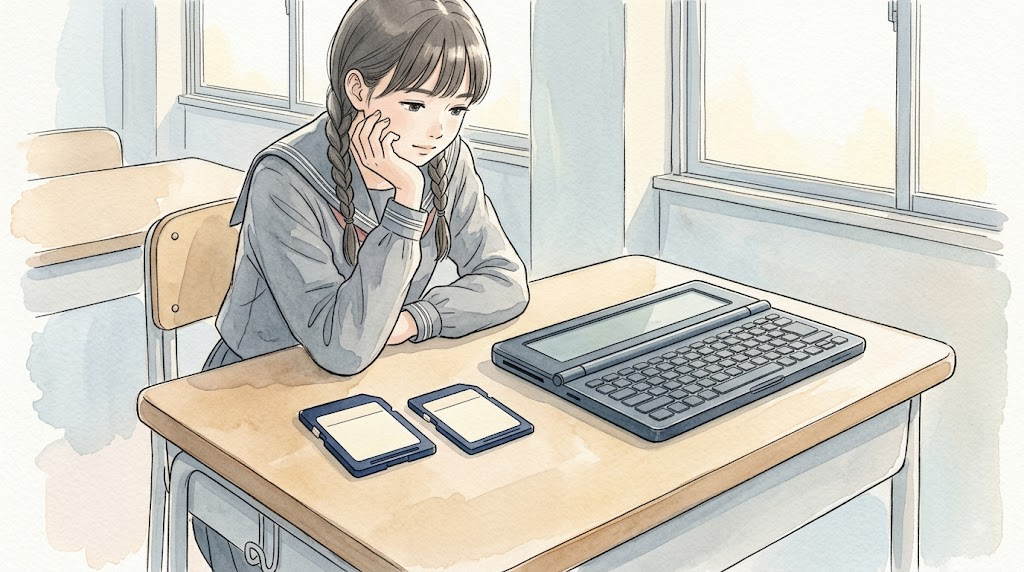 教室の机で、デジタルメモの横に置いた二枚の紺色のSDカードを見比べる女子学生