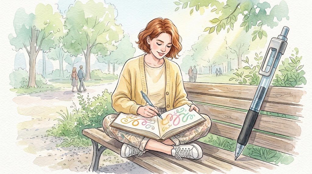 公園のベンチでスケッチブックに、色が移り変わる線で模様を描く女性の全身