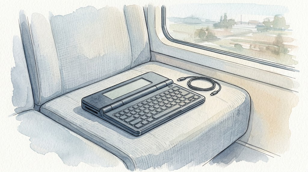 電車の窓際の座席に置かれた濃いグレーの折りたたみ式デジタルメモと、丸めた短いケーブル