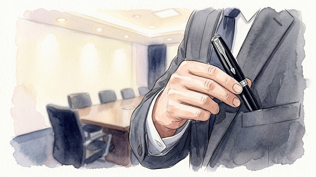 会議室でスーツの内ポケットに黒いボールペンを挿し込む男性の手元