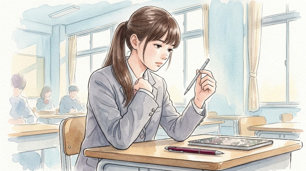 教室の机で、多機能ペンから抜いた小指ほどの短い替え芯を見つめる女子学生