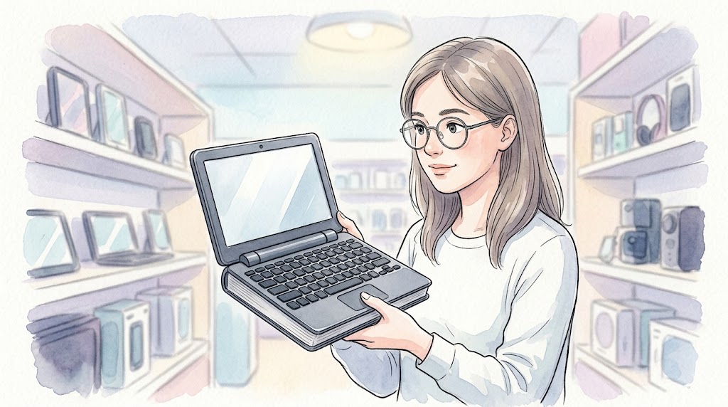 家電量販店の売り場で、開いたダークグレーのポメラDM250を手に取り見つめる女性