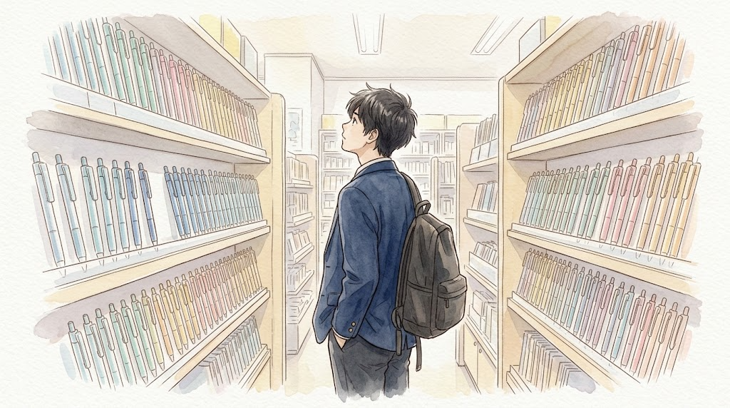 文具売り場の通路で棚の前に立ち、並ぶペンを見比べて迷っている男子学生の後ろ姿