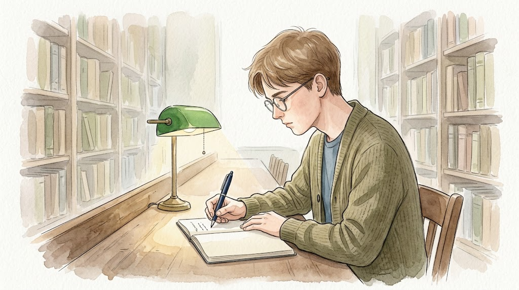 図書室の閲覧席で、濃紺のボールペンを持ち無地のノートに書き心地を試す男子学生