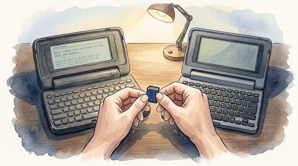 夜の自宅の机で、開いた二台のポメラの間にSDカードを差し込もうとする手元のアップ
