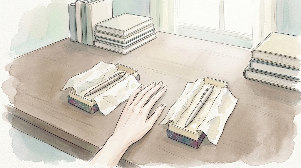 図書室の窓辺の机で、彫刻入りと無地の2本のペンの箱の間に置かれた手