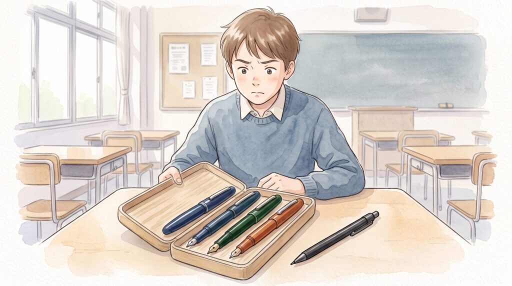 教室の机で、カラフルなペンケースの中身と黒いシャープペンを見比べて首をかしげる学生
