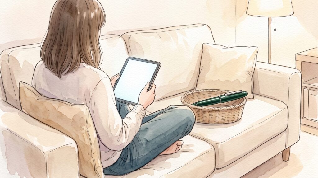 リビングのソファに座り、タブレットを見ながら色を選ぶ女性の後ろ姿とかごの中の緑色のペン