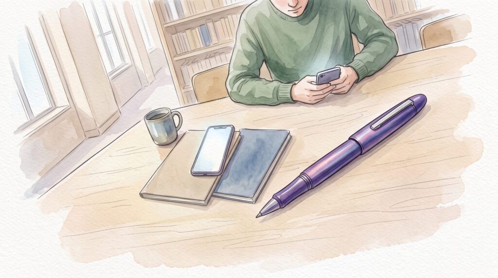 図書室の机でスマートフォンをそっと確認する学生と、机に置かれた紫色のシャープペンを斜め上から見た様子