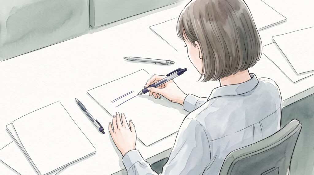 オフィスの机で2本のペンを持ち替え、同じ紙に線を引いて太さを見比べる女性の手元