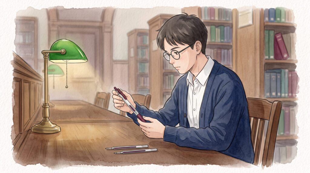 図書室の閲覧席でジェルボールペンを分解し、替芯を入れ替えている眼鏡の男子学生
