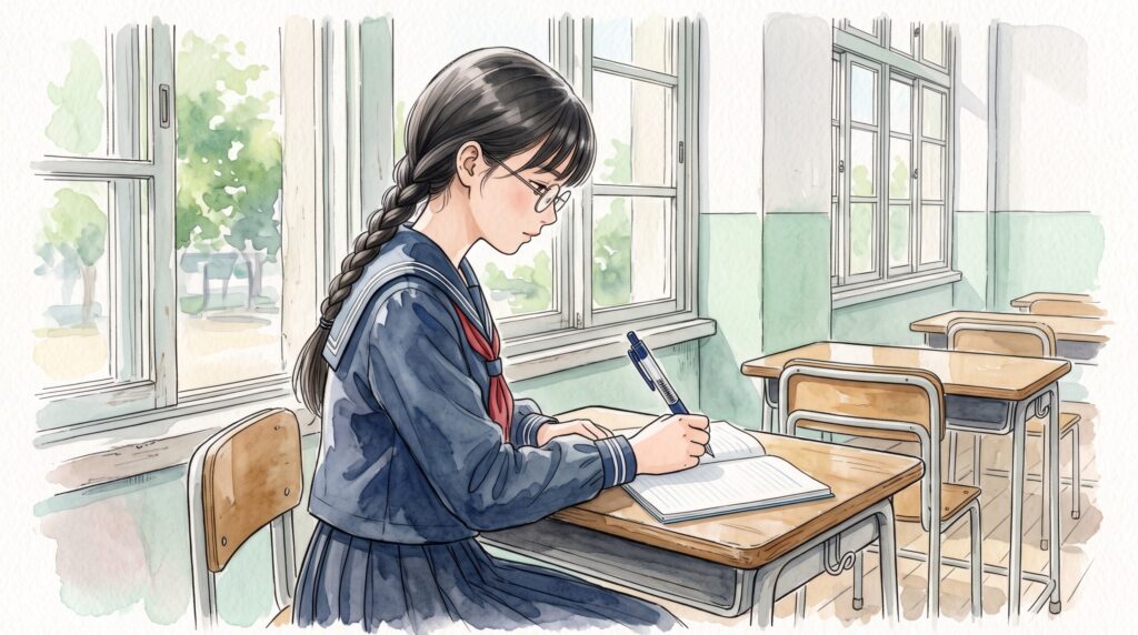 教室の窓際の席で罫線ノートに書き込む、三つ編みで眼鏡の女子学生の横顔