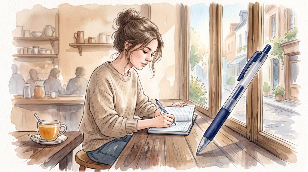 カフェのカウンター席で小さな手帳の細かいマスに書き込む、ベージュのニットの女性