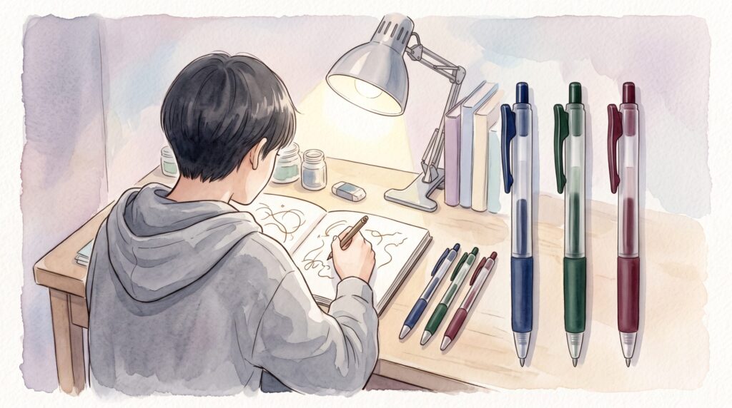 自室の勉強机で太さの違う3本のペンを並べ、線画を描いているパーカー姿の学生の後ろ姿