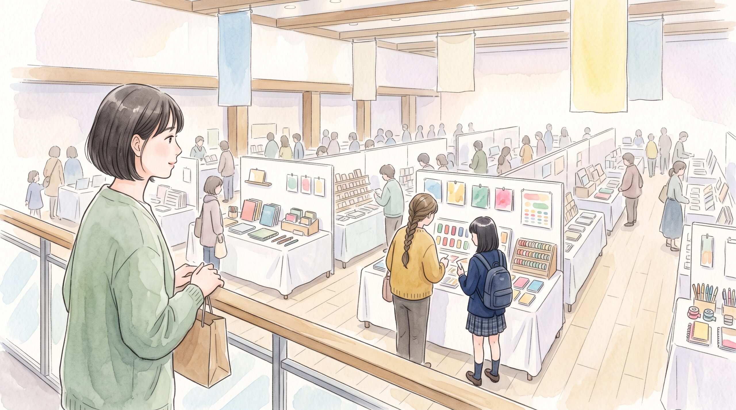 白い長机のブースが並ぶ展示ホールで、紙袋を手に文具を見て回る来場者たち