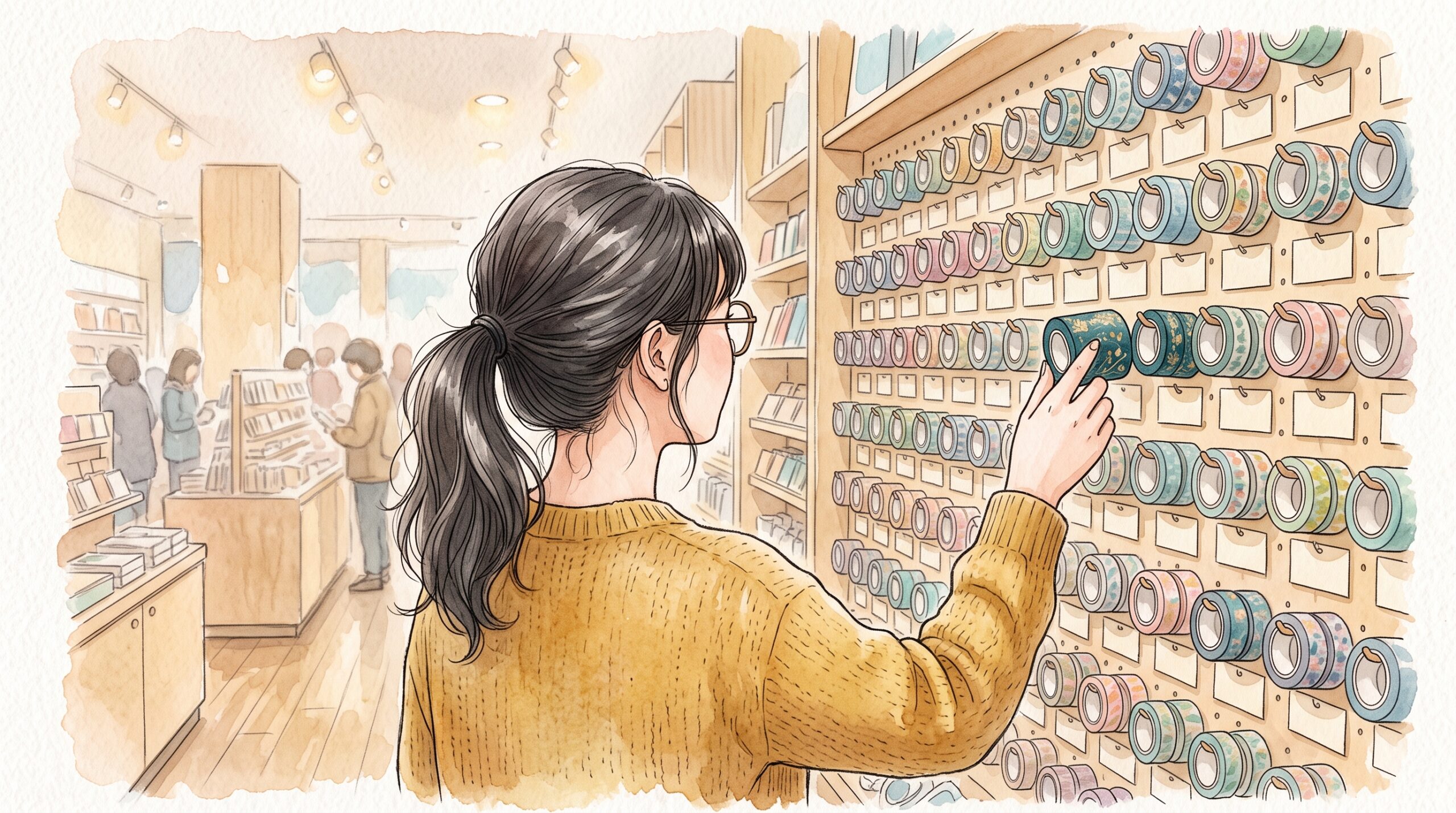 百貨店の催事場で、壁一面に並んだマスキングテープから1本を手に取る女性の肩越しの様子