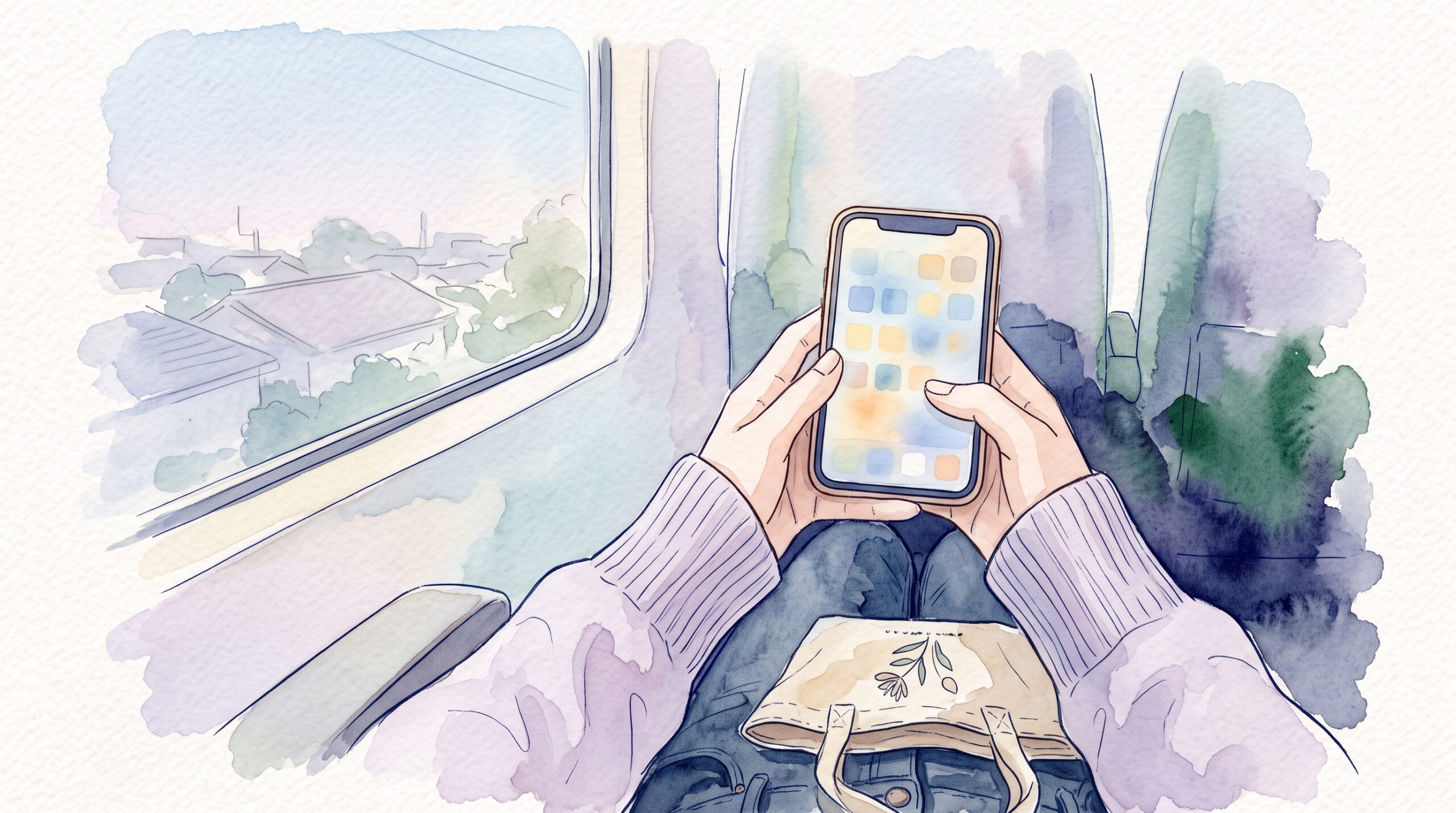 電車の座席で、イベントに向かう前にスマホの電子チケット画面を確認する手元