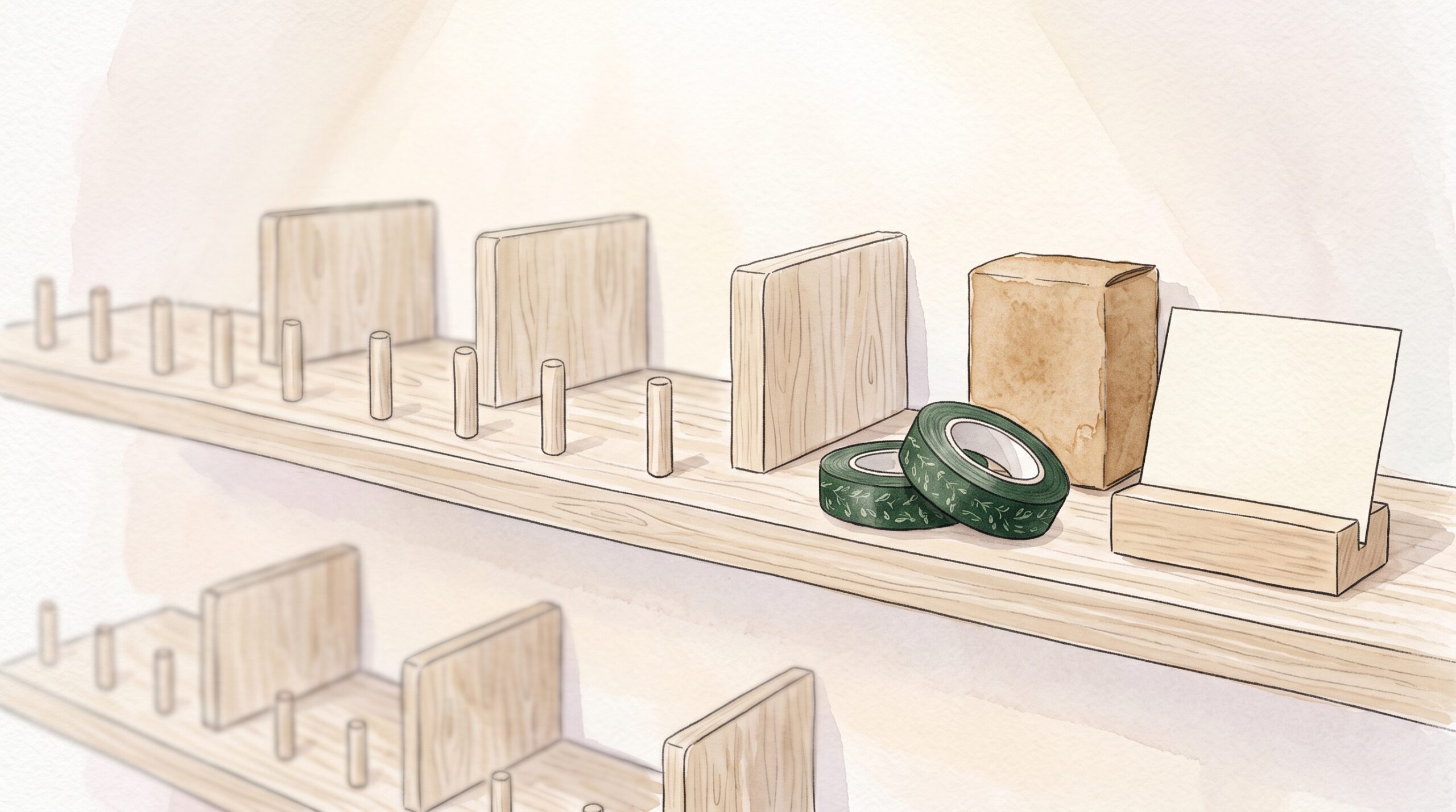 ほとんど空になった木の陳列棚に、最後の2つだけ残ったマスキングテープと小箱