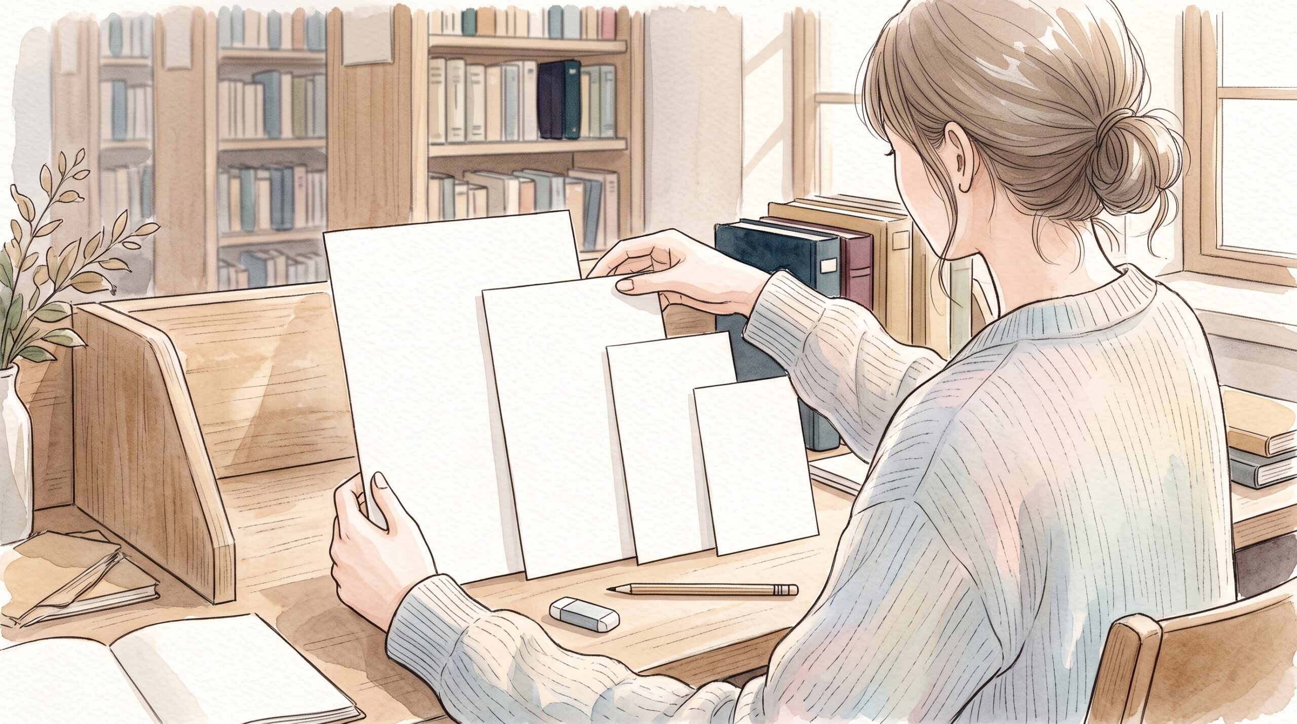 図書館の机で大きさ順に紙を並べ替える女性の手元
