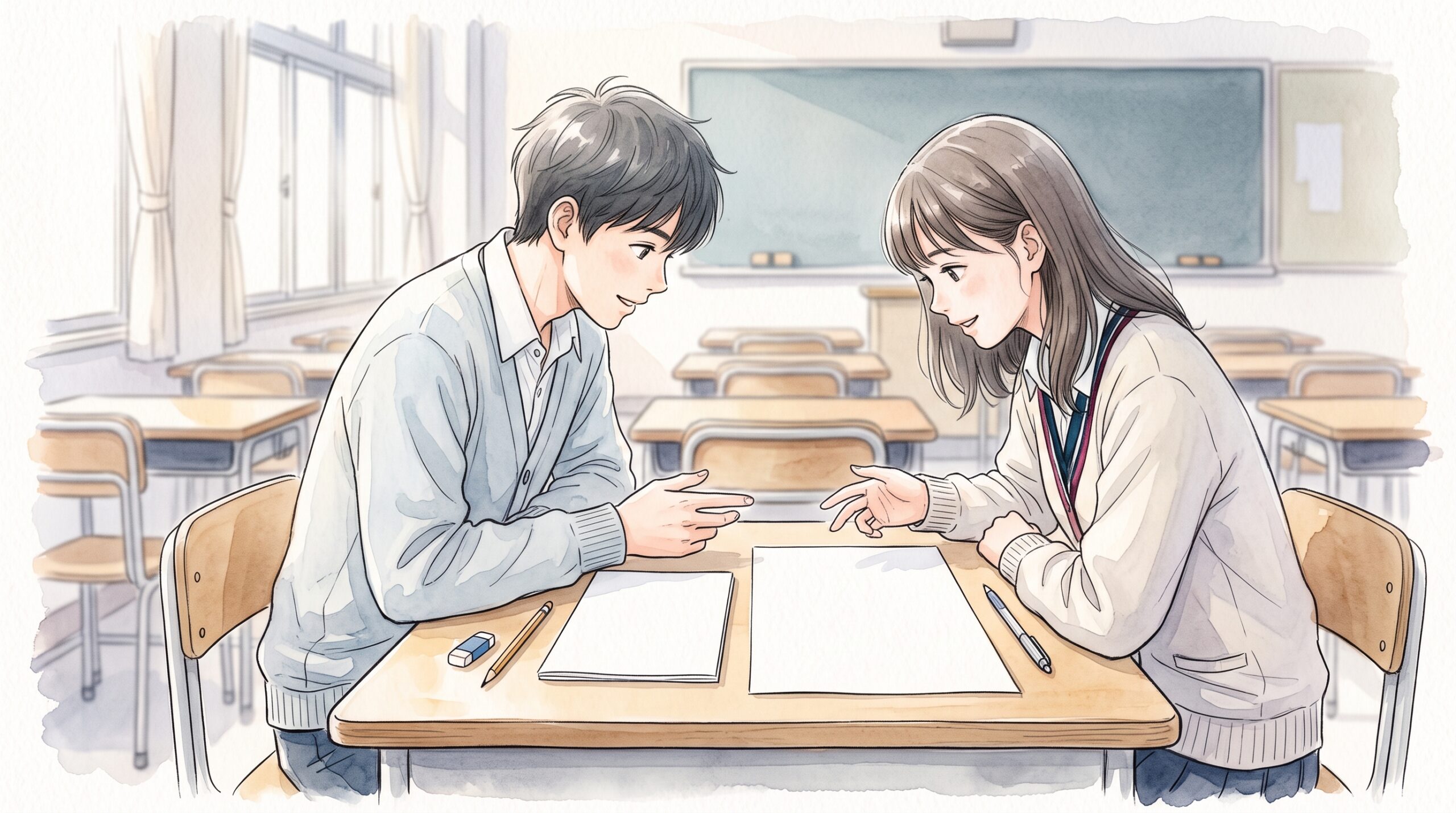 教室の机でA4ノートとB4プリントを見比べる2人の学生