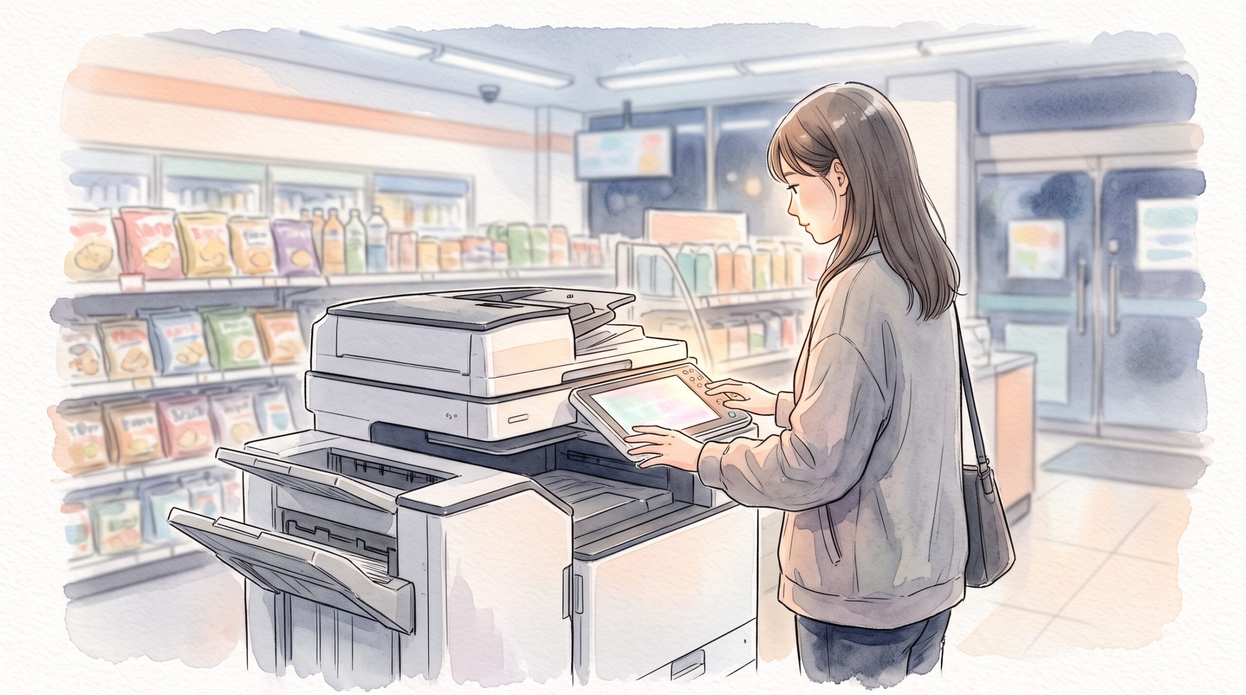 コンビニのマルチコピー機を操作する女性