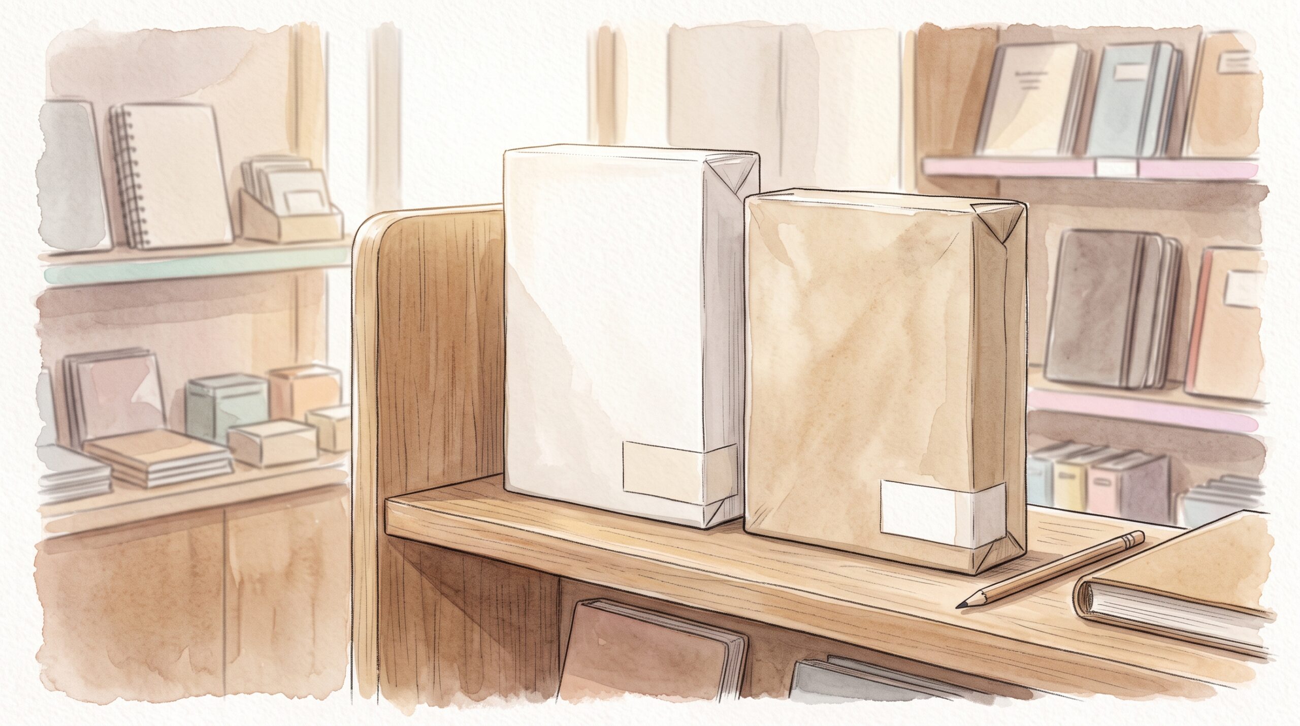 文具店の棚に並ぶ、厚みの異なる2つのコピー用紙の束
